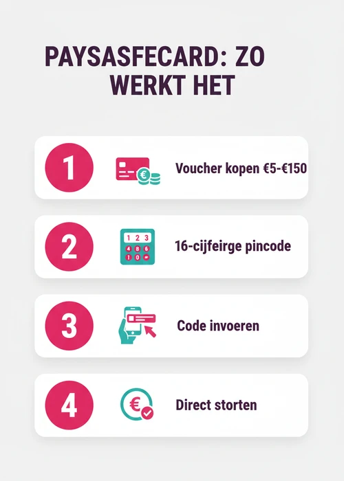 Een Paysafecard voucher met een 16-cijferige pincode, omringd door fiches en speelkaarten